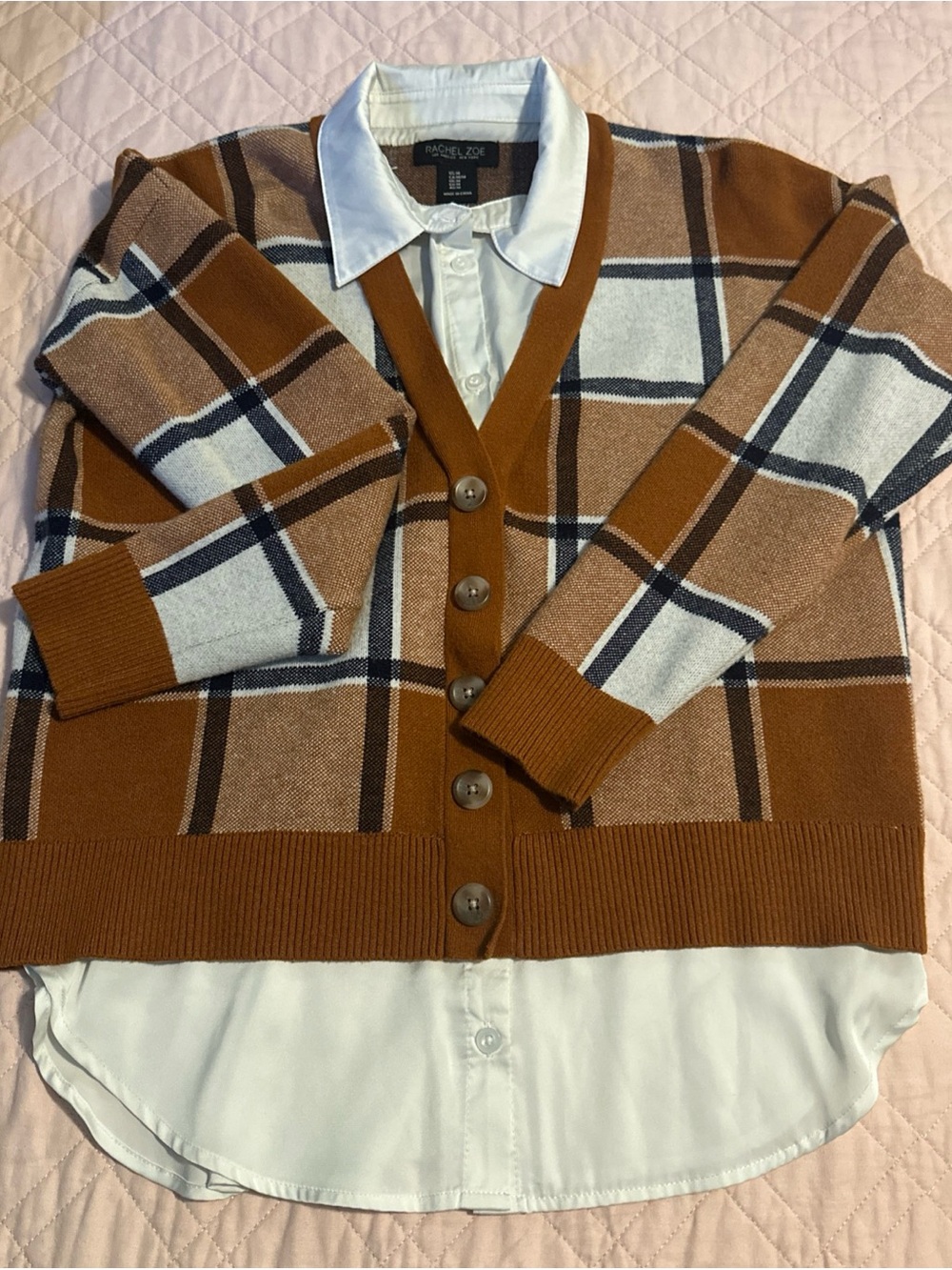 Rachel Zoe Womens Medium Rust Plaid Button Cardigan Sweater Heavy knit fall